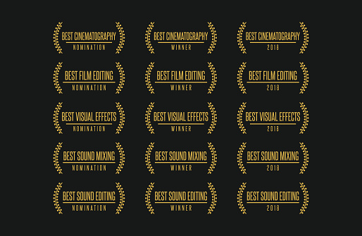 Movie award technical nomination winner best cinematography visual effects sound editing vector logo icon set