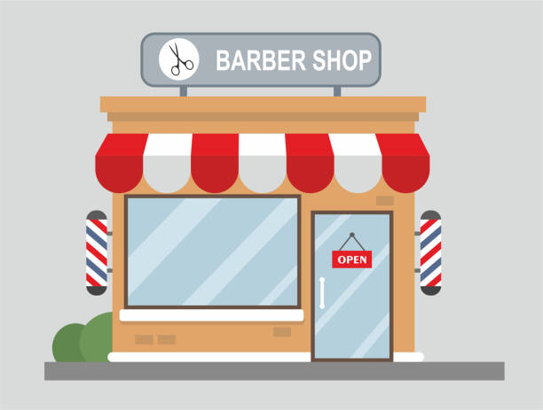 ilustrações de stock, clip art, desenhos animados e ícones de barber shop front view flat design - fachada loja