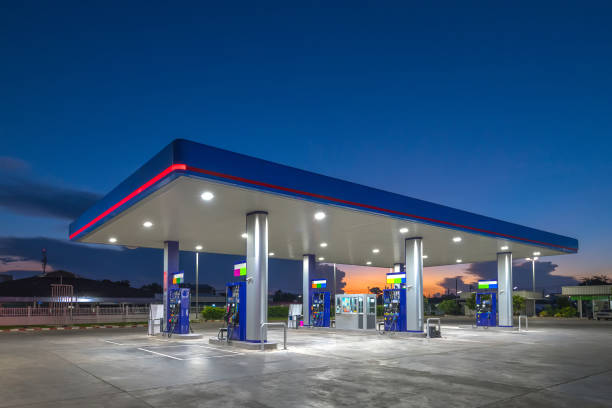 gas fuel station with sunrise sky - station imagens e fotografias de stock