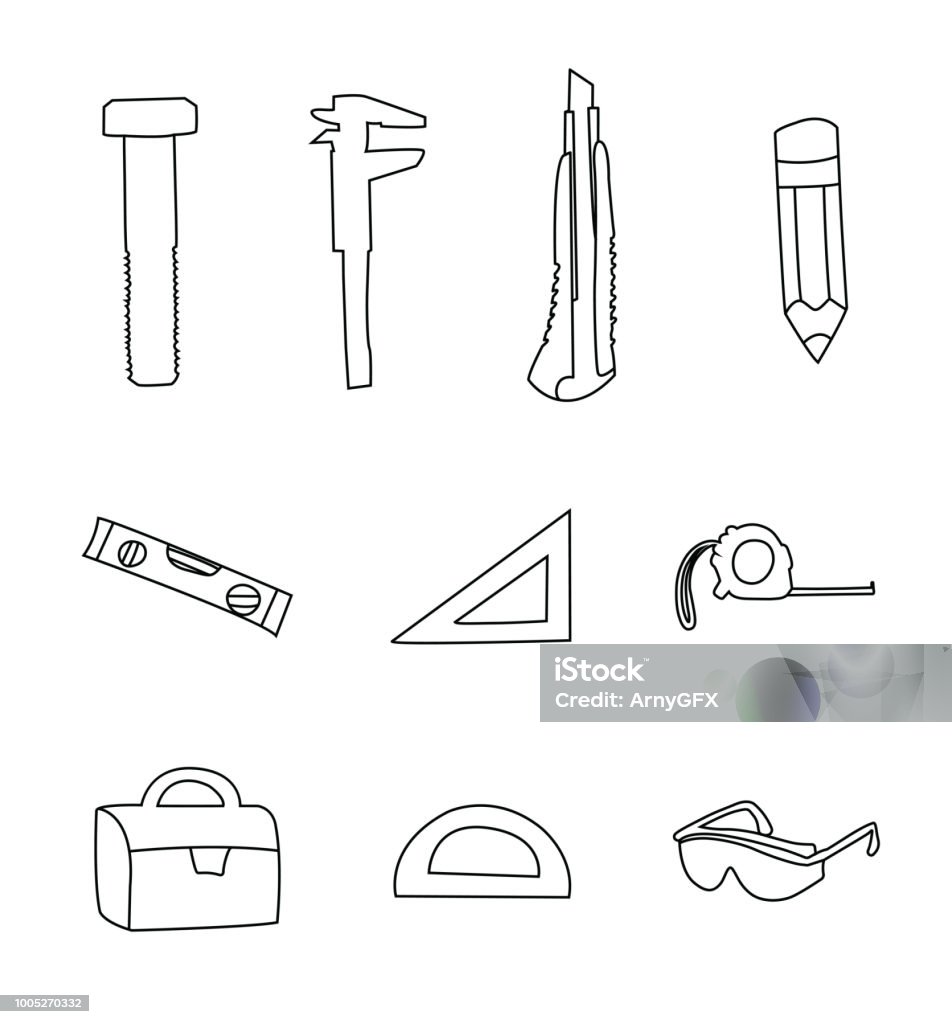 Vector Set Of Architect Instruments For Kids Drawing Monochrome