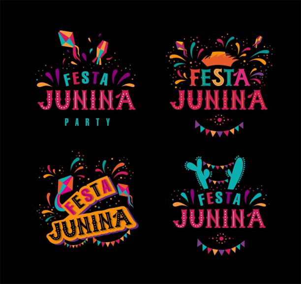 Festa junina party design set Festa junina party design set. Vector background with fireworks and garland. Vector illustration. For poster, card, web, invitation. block party stock illustrations