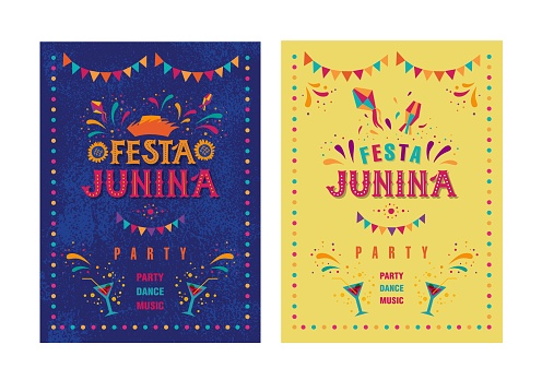 Festa junina party design. Vector background with fireworks and garland. Vector illustration. For poster, card, web, invitation.