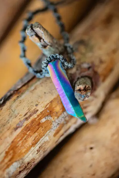 Spiritual jewelry on wooden background