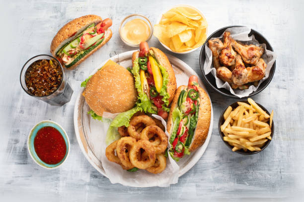 American food. Fast food. Street and Takeaway food. Top view. gamburger stock pictures, royalty-free photos & images