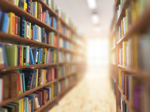 Library stacks of books and bookshelf with DOF effect and light in the end. 3d illustration