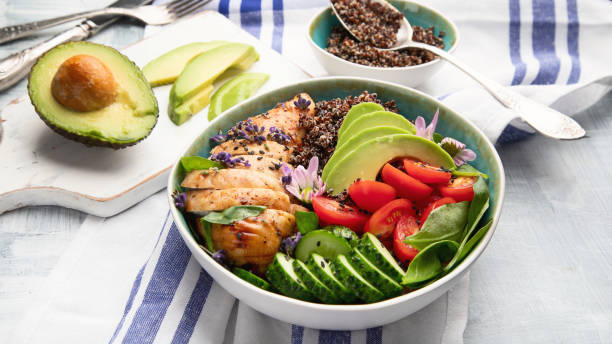 Healthy bowl with roasted chicken and quinoa