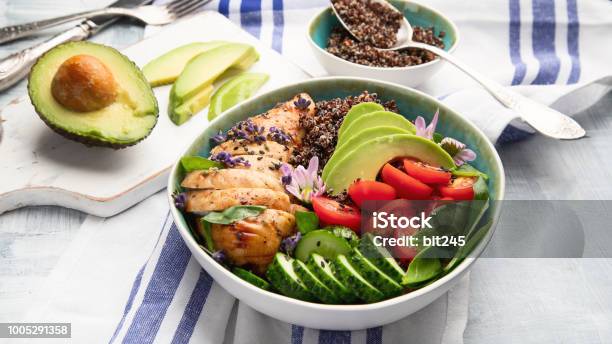 Healthy Bowl With Roasted Chicken And Quinoa Stock Photo - Download Image Now - Avocado, Salad, Quinoa