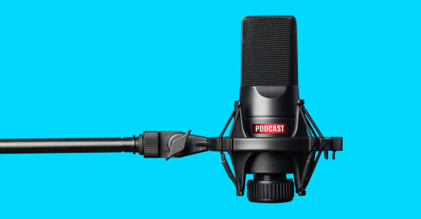 Studio microphone for recording podcasts Studio microphone for recording podcasts over blue background microphone stock pictures, royalty-free photos & images