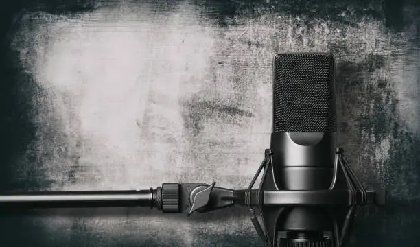 Black metal studio condenser microphone. Side view