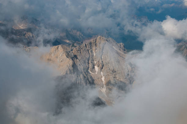 Panoramic view of Marmolada mountain range with Marmolada glacier in Dolomites, Europe