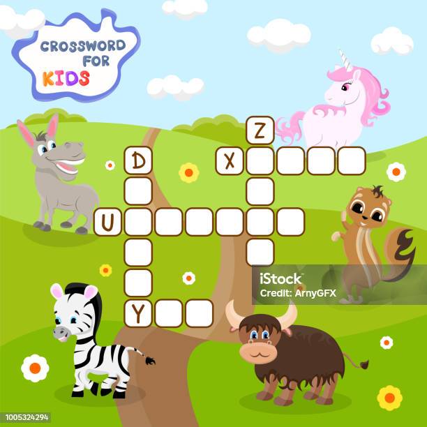 Funny Crossword Game With Cute Cartoon Of Group Of Bright Cheerful Animals On A Glade Vector Illustration Cute Preschool Education Worksheet Stock Illustration - Download Image Now