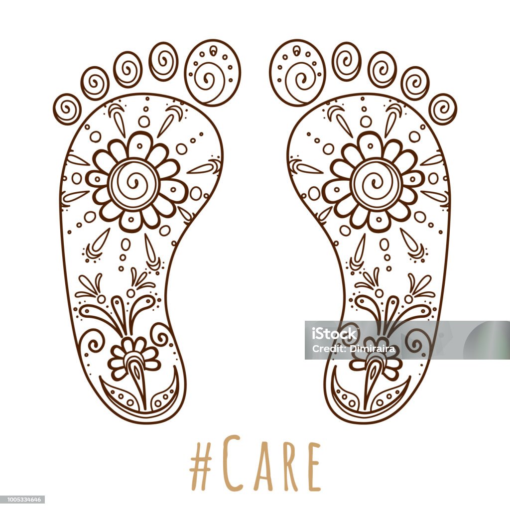 Footprint with floral mehndi ornament. Sketch of legs, skin care theme, pedicure or procedures. Illustration beauty and health. Vector Footprint with floral mehndi ornament. Sketch of legs, skin care theme, pedicure or procedures. Illustration beauty and health. Vector illustration Foot stock vector