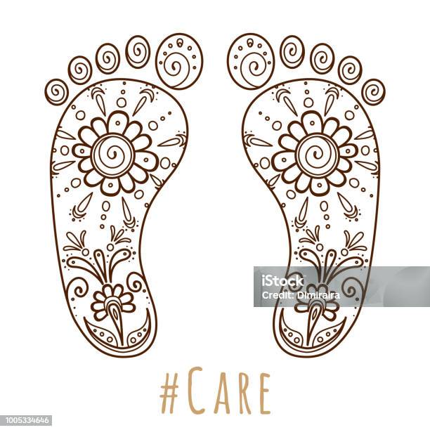 Footprint With Floral Mehndi Ornament Sketch Of Legs Skin Care Theme Pedicure Or Procedures Illustration Beauty And Health Vector Stock Illustration - Download Image Now