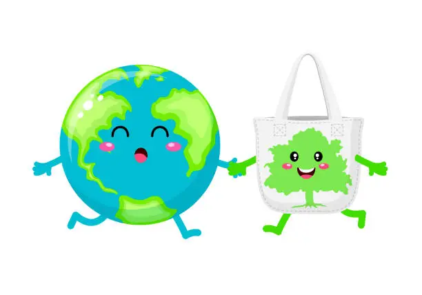 Vector illustration of Cute cartoon globe character with cloth bag.