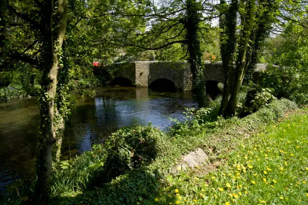 medieval stone packhorse bridge ashford in the water peak district national park derbyshire england uk