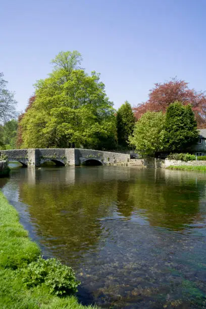 medieval stone packhorse bridge ashford in the water peak district national park derbyshire england uk