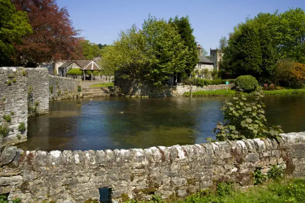 medieval stone packhorse bridge ashford in the water peak district national park derbyshire england uk