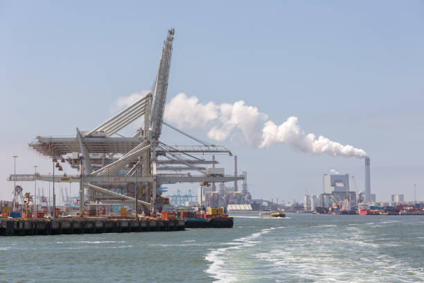 Rotterdam, The Netherlands - June 5 2018: Container terminal with big cranes ready to load and unload cargo ships in Dutch harbor Rotterdam, In the background a power plant