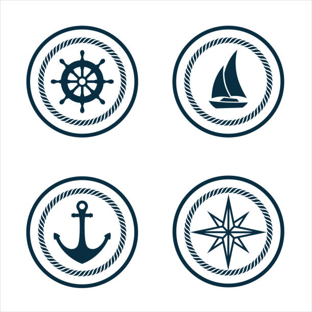 bildbanksillustrationer, clip art samt tecknat material och ikoner med marina logotyp set - on a yacht
