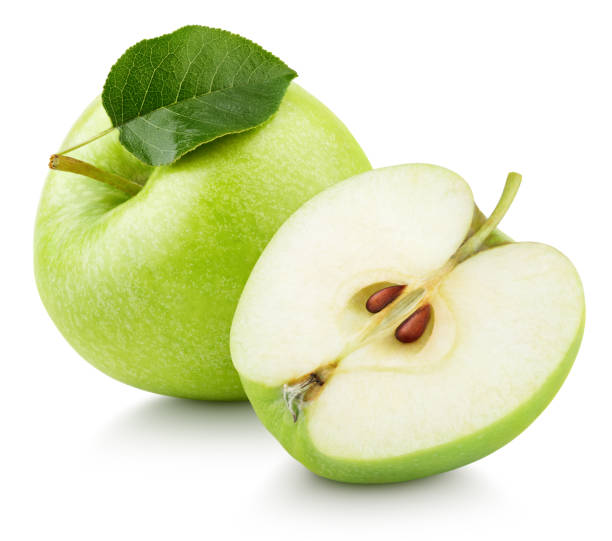 fruit de pomme verte avec moitié et vert feuille isolé sur blanc - granny smith apple photos photos et images de collection