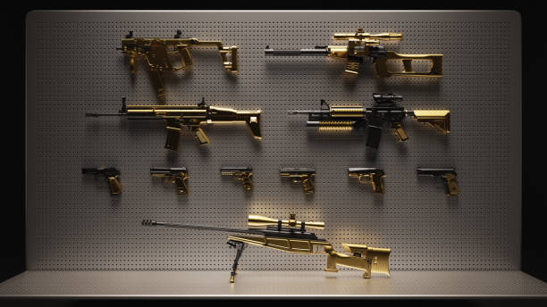 pozłacane pistolety broni palnej na wyświetlaczu - gold plated zdjęcia i obrazy z banku zdjęć