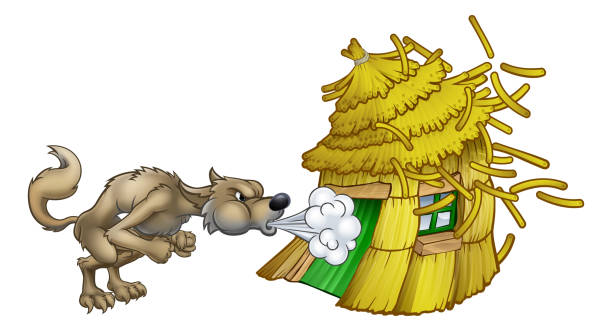 ilustrações de stock, clip art, desenhos animados e ícones de three little pigs big bad wolf blowing straw house - book monster fairy tale picture book