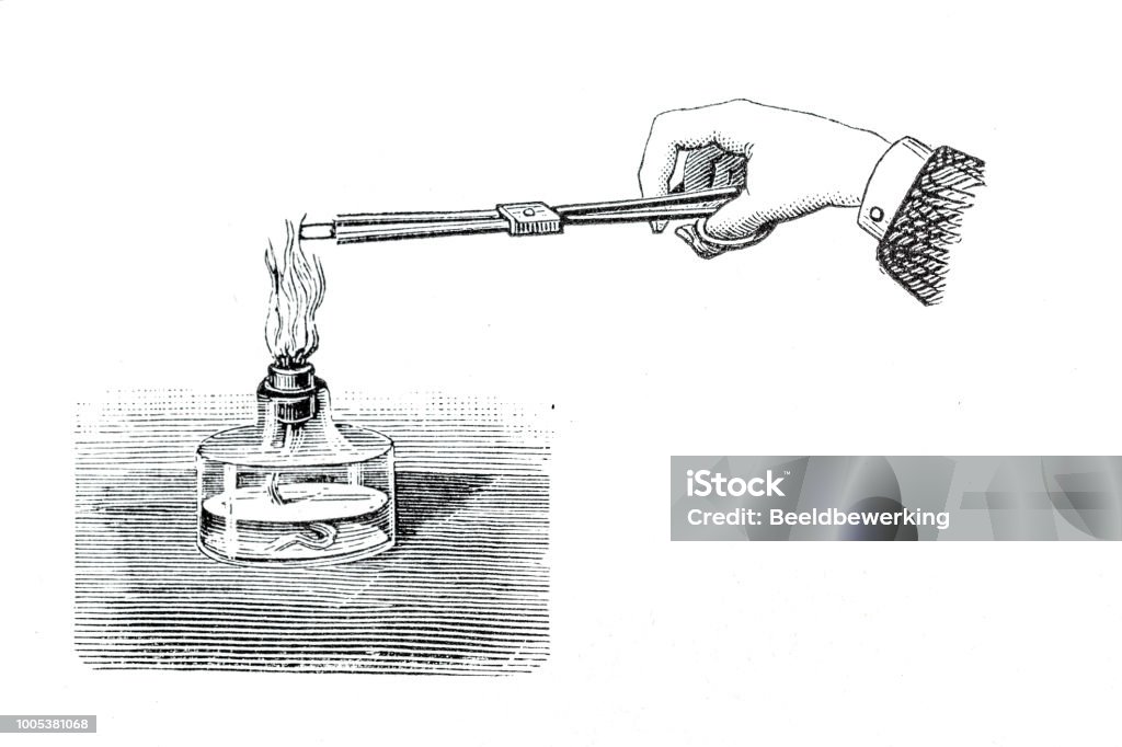 Hand testing material composition in a flame Hand testing material composition in a flame the coloring of the flame indicates the mineral Engraving french textbook  geology from 1887 Fire - Natural Phenomenon stock illustration