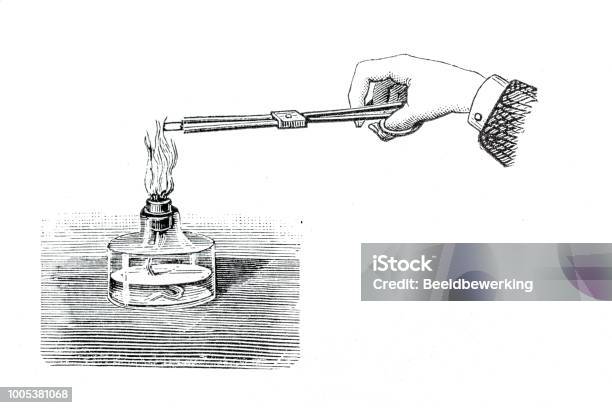 Hand Testing Material Composition In A Flame Stock Illustration - Download Image Now - Fire - Natural Phenomenon, Flame, Antique