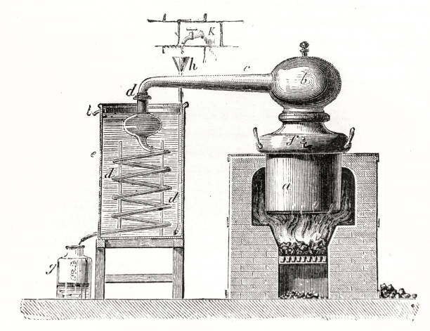 ilustraciones, imágenes clip art, dibujos animados e iconos de stock de esquema de la destilería - distillation tower