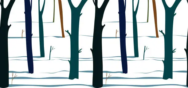 Vector illustration of winter forest with beautiful shadows on snow