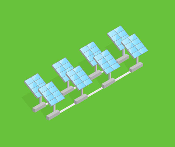 istock Mirror panels of sun energy generation on green lawn. Vector illustration of isometric buildings. 1005387762