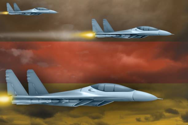 istock Germany air forces strike concept. Air planes attack on Germany flag background. 3d Illustration 1005387966