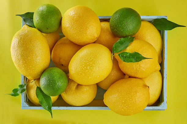 Box with lemons and limes and green leaves on yellow background
