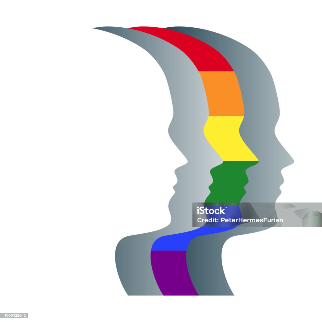 Gay and gray face silhouettes in a row Gay and gray silhouettes of faces, positioned in a straight row. Overlapping heads, one striped and in the colors of the LGBT flag, a symbol for gay pride, peace and human rights. Illustration. Vector LGBTQIA Rights stock vector