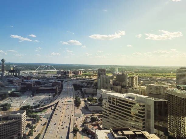 istock Aerial view Downtown Dallas skyscrapers under cloud blue sky 1005432040