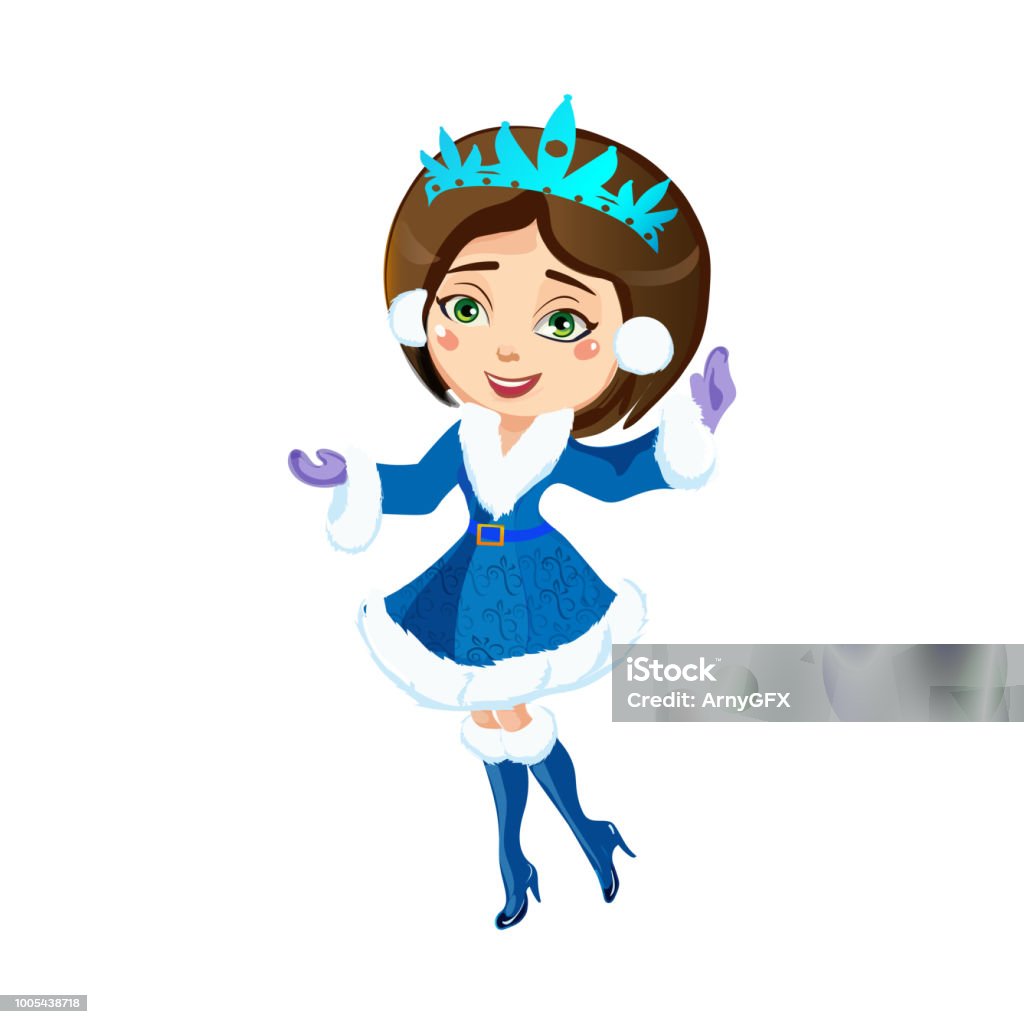 Beautiful girl in a Christmas blue suit and smiling cheerfully waved his hands. Vector illustration. Queen - Royal Person stock vector