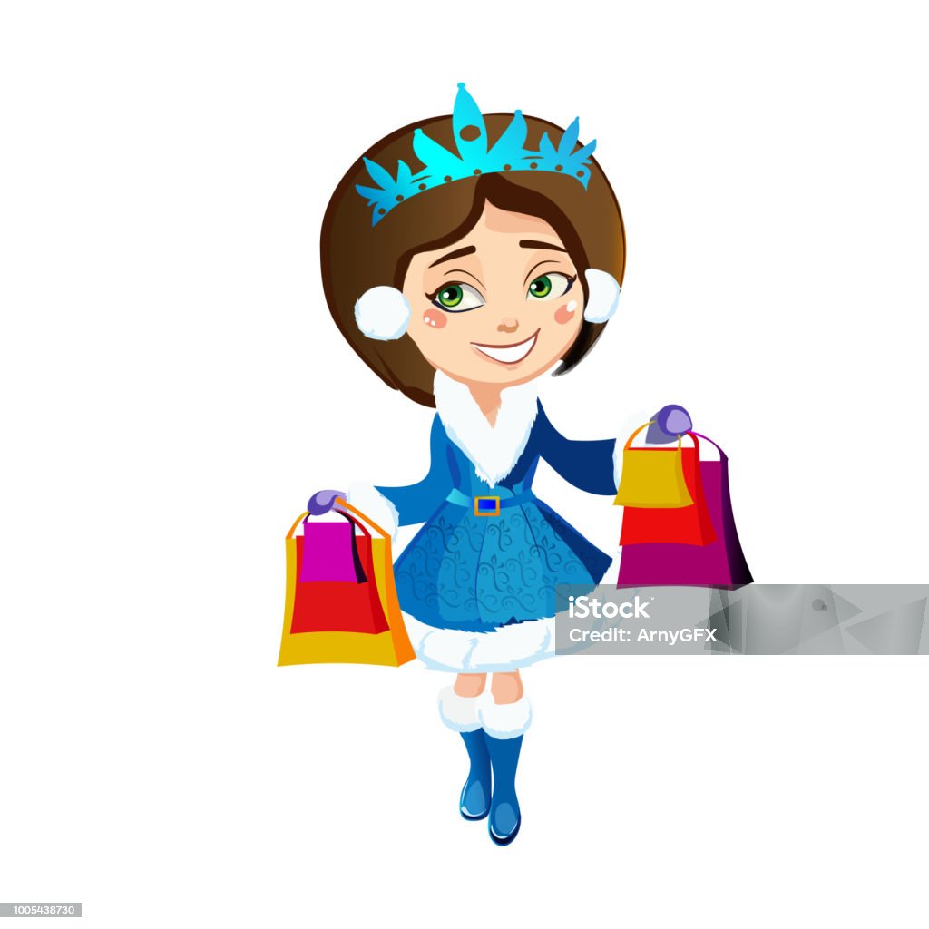 Beautiful girl in a blue suit holding a Christmas shopping in their hands and smiles of fun. Vector illustration. Adult stock vector