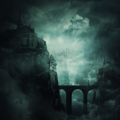 Surreal view as a lonely girl stand on a stone bridge surrounded by dark mountain cliff with castle and old buildings on the top. The forgotten kingdom, creepy background.