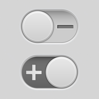 Toggle switch slider buttons with Minus and Plus signs. Vector 3d illustration