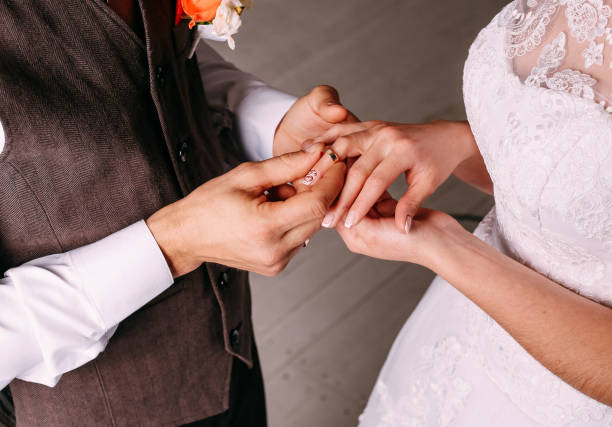istock Wedding ceremony bride groom putting golden rings 1005439728