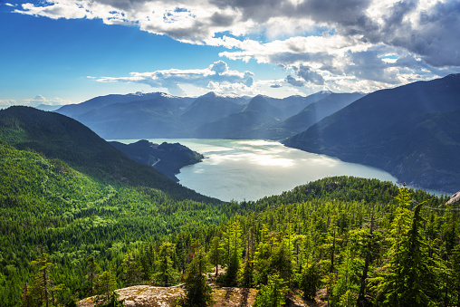 Scenic View of the Mountains and the Turquoise Water of Howe Sound from the Top of a Mountain on a Summer Day. Squamish, BC, Canada.