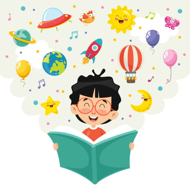 ilustraciones, imágenes clip art, dibujos animados e iconos de stock de vector ilustración de libro de lectura de niños - literature writing book concepts