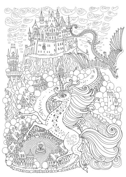 illustrations, cliparts, dessins animés et icônes de paysage fantastique avec dragon et unicorne. château médiéval de conte de fées sur une colline. rue vieille tour. impression de t-shirt. couverture de l’album, carte postale. page de livre de coloriage pour adultes et enfants. page noir et blanc - picture book fairy tale castle dragon