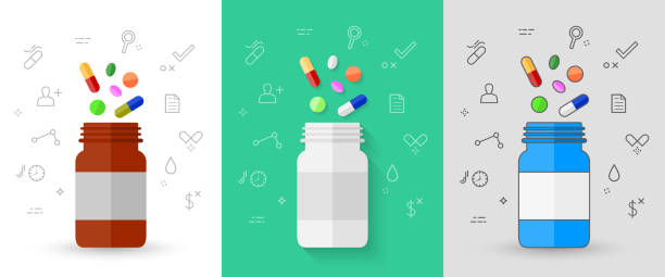 kolorowe pigułki z butelką pigułki i pokrewnymi ikonami - pill bottle nutritional supplement pill medicine stock illustrations
