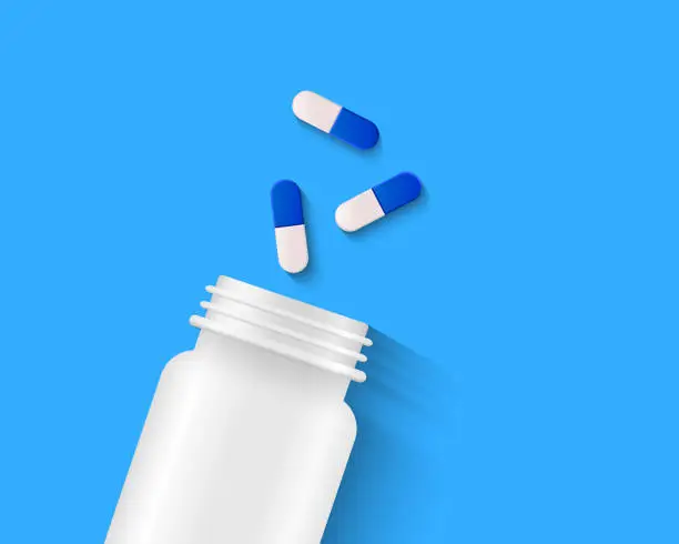 Vector illustration of Capsules with pill bottle on blue background