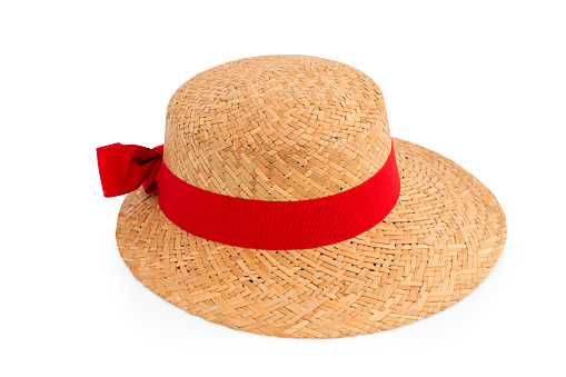 Vintage retro hat, Straw hat with red ribbon and bow  fashion for lady, women isolated on white background with clipping path.