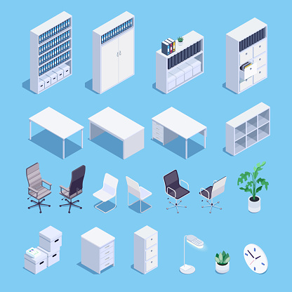 Isometric set of office furniture icons. 3d office desks, file storage, office chairs, clocks and plants. Vector illustration.