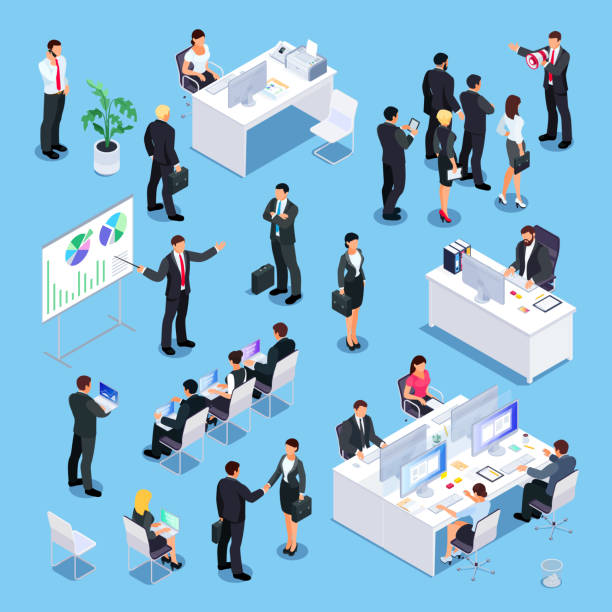 Set of isometric businessmen. Set of isometric businessmen. Office workers at the tables, people in training, lecturer, secretary, businessmen shake hands. 3d business concept employment. Vector illustration. businessman illustrations stock illustrations