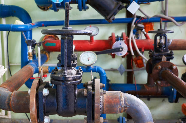 istock Old valves on the cold water pipeline. Industrial background. 1005460212