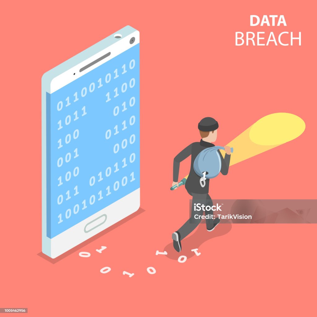 Data breach flat isometric vector concept. Flat isometric vector concept of data breach, confidential data stealing, cyber attack. Data Breach stock vector